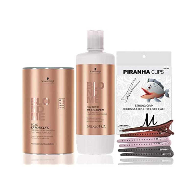 BlondMe Clay Lightener 7+ Bond Enforcing White Dust-Reduced Powder 350 grammes, Schwarzkopf BlondMe Developer 6% / 20 Volume 1 Litre, M Hair Designs Piranha Clips (Bundle - 3 articles) 