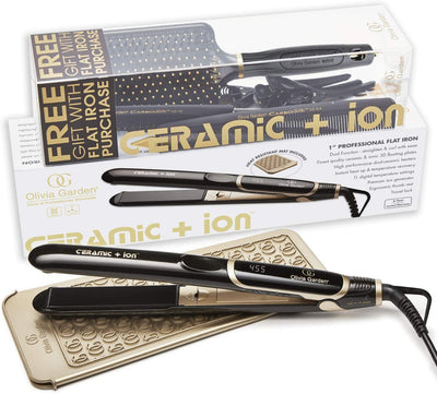 Olivia Garden 1" Ceramic + Ion High Performance Professional Flat Iron Dual Voltage with Heat Resistant Mat/Pouch, 1 Ceramic + Ion Paddle brush, 2 styling combs and 4 Double Sectioning Clips
